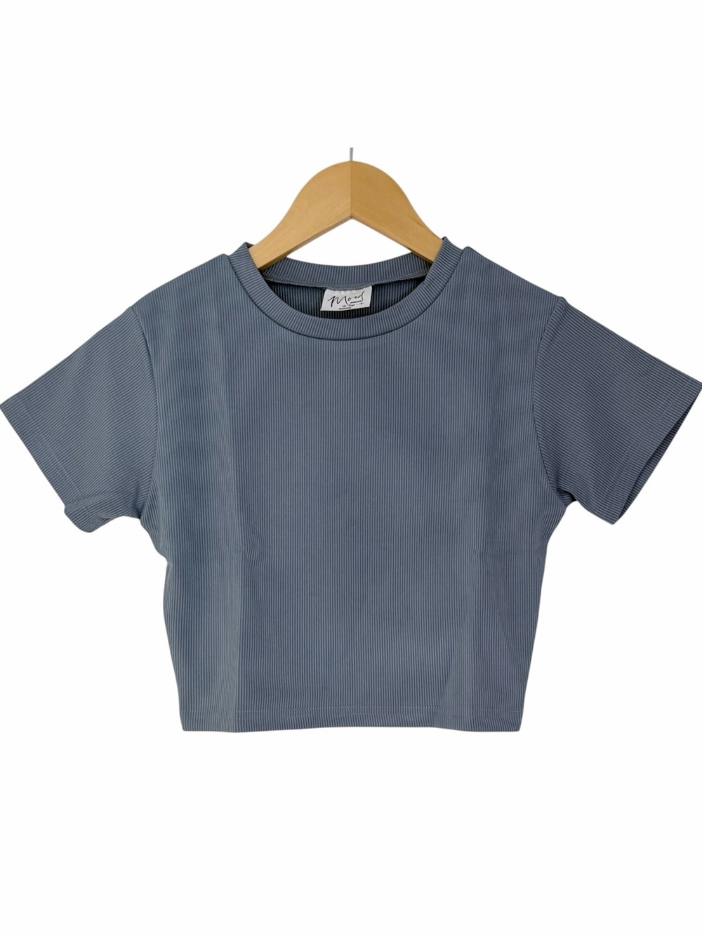 Mood Womens Medium Blue Gray Ribbed Fitted Crop Top Short Sleeve Casual Baby Tee